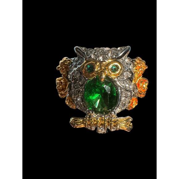 Chunky Owl Ring Size 8.5 Green Stone &‎ Rhinestones Sparkly Two Tone Metal - Picture 12 of 12